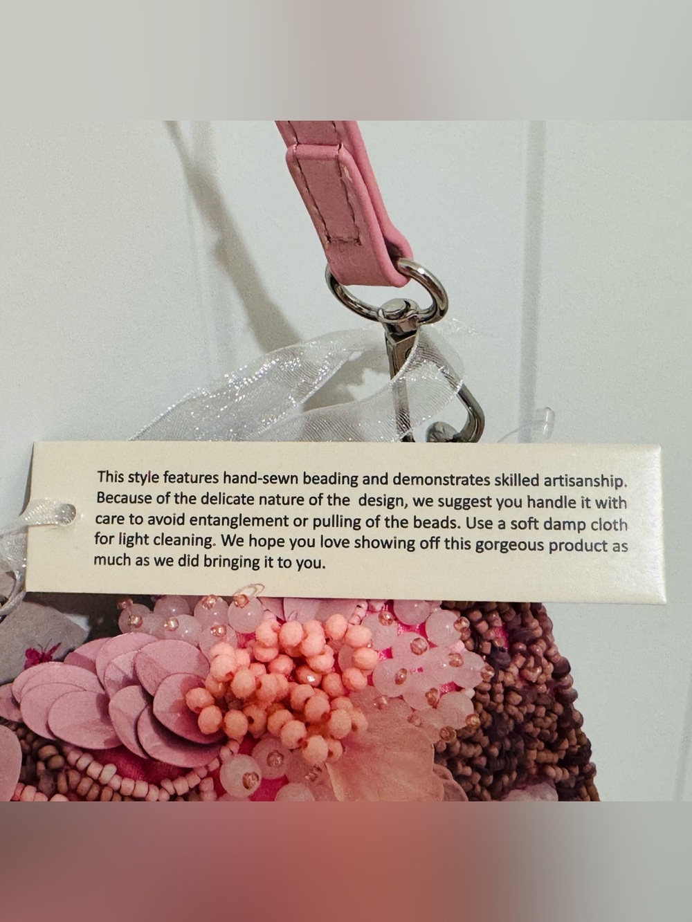 NWT Handmade in India Pink Floral Beaded Shoulder Bag with Detachable Charm - Picture 8 of 16